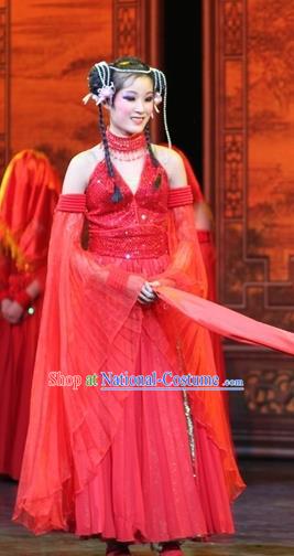 Chinese Impression of Suzhou Classical Dance Red Dress Stage Performance Costume and Headpiece for Women