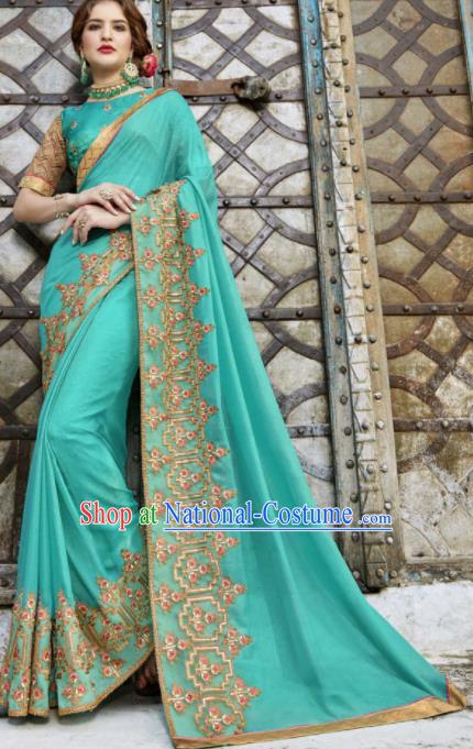 Asian India Traditional Costume Indian Bollywood Embroidered Green Sari Dress for Women