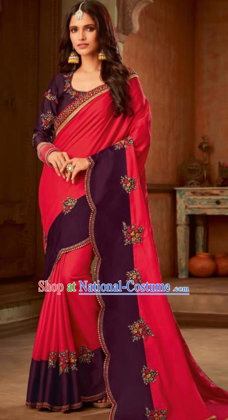 Asian India Traditional Costume Indian Bollywood Embroidered Rosy Silk Sari Dress for Women