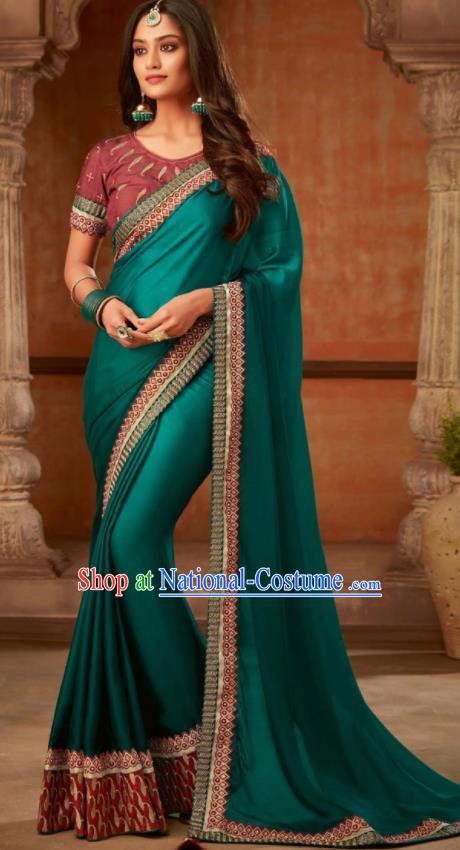 Asian India Traditional Costume Indian Bollywood Embroidered Peacock Green Silk Sari Dress for Women