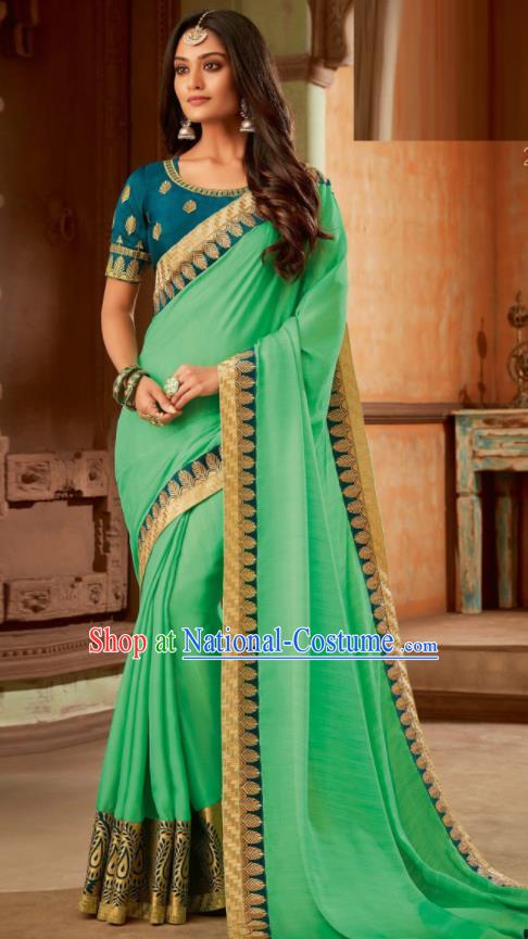 Asian India Traditional Costume Indian Bollywood Embroidered Light Green Silk Sari Dress for Women