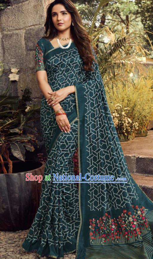 Asian India Traditional Sari Costumes Indian Bollywood Embroidered Peacock Green Silk Dress for Women