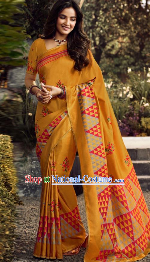 Asian India Traditional Sari Costumes Indian Bollywood Embroidered Ginger Silk Dress for Women