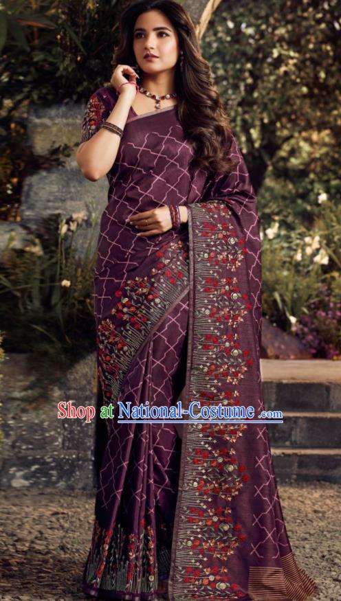 Asian India Traditional Sari Costumes Indian Bollywood Embroidered Purple Silk Dress for Women