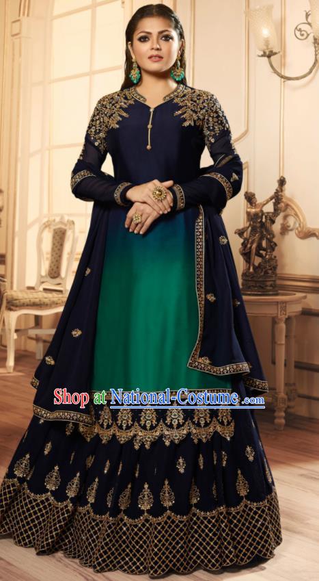 Asian India Traditional Lehenga Choli Costumes Indian Bollywood Embroidered Navy Skirt and Blouse for Women