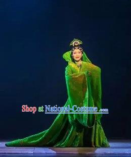 Chinese Zhaojun Chu Sai Ancient Imperial Consort Classical Dance Green Dress Stage Performance Costume and Headpiece for Women