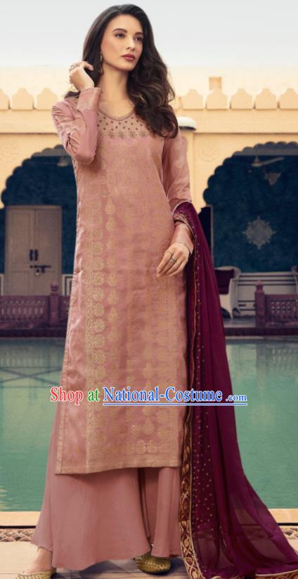 Asian Indian Punjabis Embroidered Deep Pink Blouse and Pants India Traditional Lehenga Choli Costumes Complete Set for Women