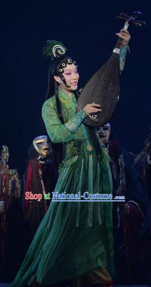 Chinese Zhaojun Chu Sai Ancient Princess Classical Dance Green Dress Stage Performance Costume and Headpiece for Women