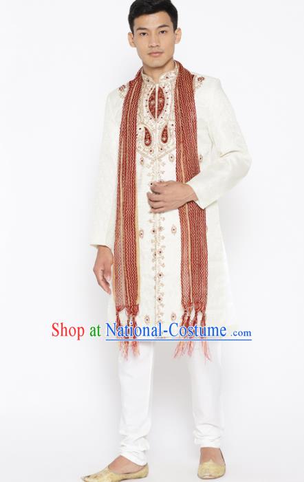 Asian Indian Wedding Embroidered Beige Clothing India Traditional Bridegroom Costumes Complete Set for Men