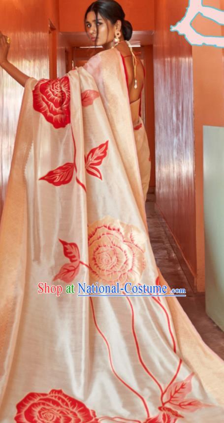 Asian Indian Bollywood Printing Rose Champagne Silk Dress India Traditional Sari Costumes for Women