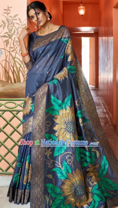 Asian Indian Bollywood Printing Sunflowers Navy Silk Dress India Traditional Sari Costumes for Women