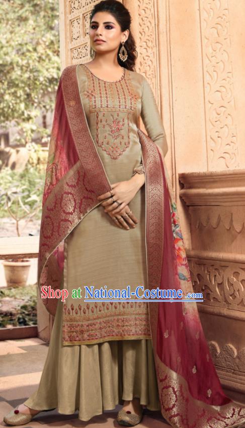 Asian Indian Punjabis Bride Embroidered Khaki Satin Blouse and Pants India Traditional Lehenga Choli Costumes Complete Set for Women