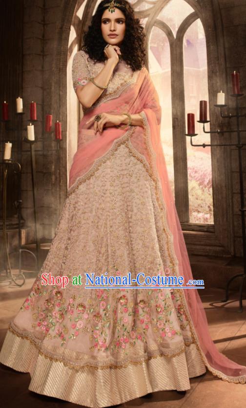 Asian Indian Bollywood Lehenga Light Khaki Embroidered Dress India Traditional Costumes for Women