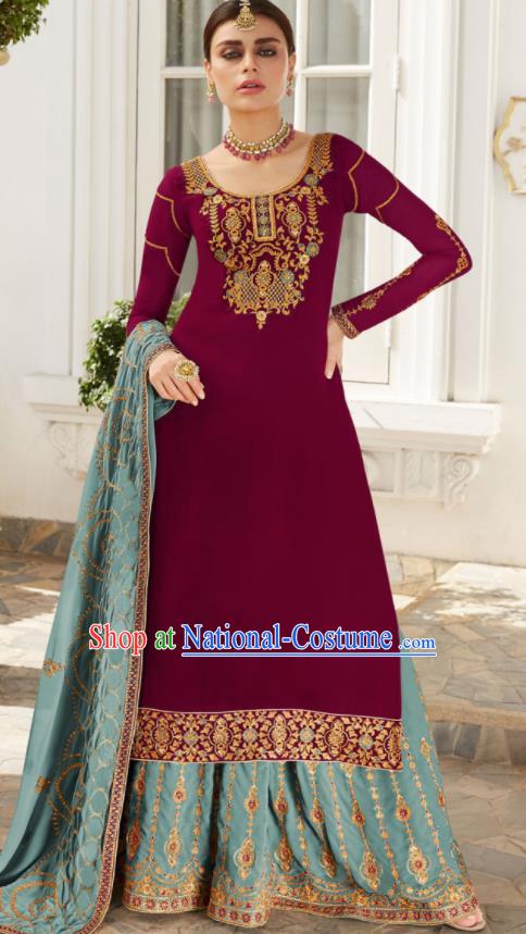 Asian Indian Bride Embroidered Wine Red Blouse and Blue Skirt India Traditional Lehenga Choli Costumes Complete Set for Women