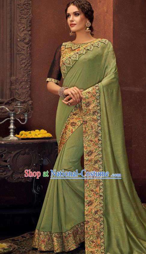 Asian Indian Court Green Silk Embroidered Sari Dress India Traditional Bollywood Costumes for Women