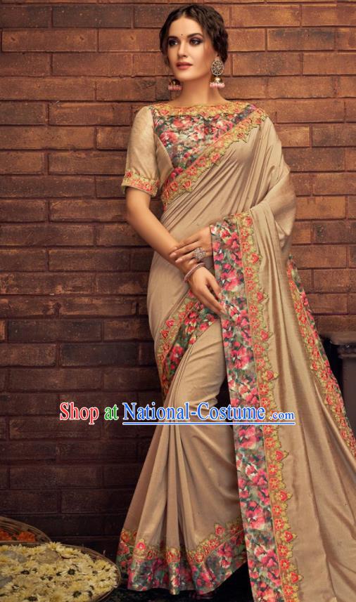 Asian Indian Court Khaki Silk Embroidered Sari Dress India Traditional Bollywood Costumes for Women