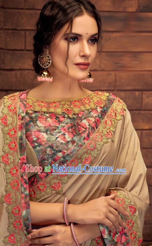 Asian Indian Court Khaki Silk Embroidered Sari Dress India Traditional Bollywood Costumes for Women