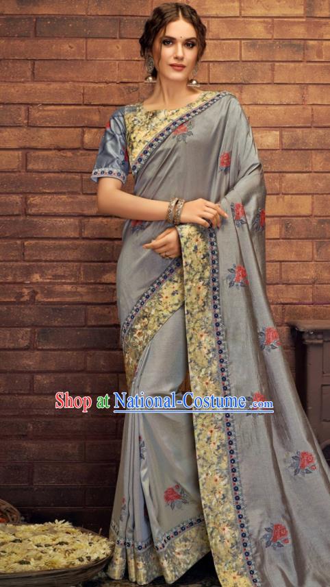 Asian Indian Court Grey Blue Silk Embroidered Sari Dress India Traditional Bollywood Costumes for Women