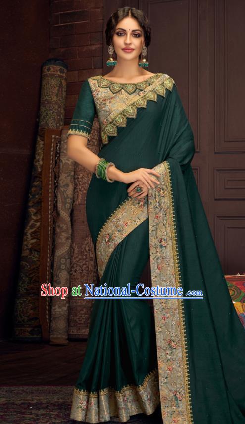 Asian Indian Court Atrovirens Silk Embroidered Sari Dress India Traditional Bollywood Costumes for Women