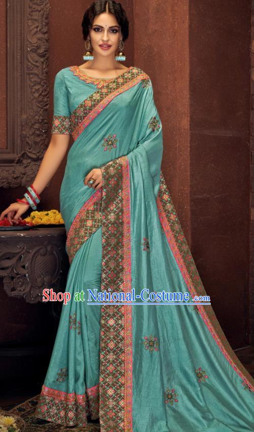 Asian Indian Court Light Blue Silk Embroidered Sari Dress India Traditional Bollywood Costumes for Women