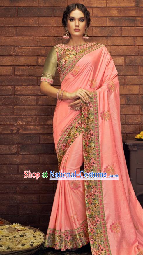 Asian Indian Court Light Pink Silk Embroidered Sari Dress India Traditional Bollywood Costumes for Women