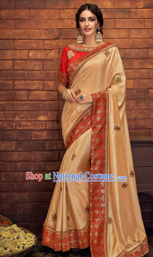 Asian Indian Court Light Golden Silk Embroidered Sari Dress India Traditional Bollywood Costumes for Women