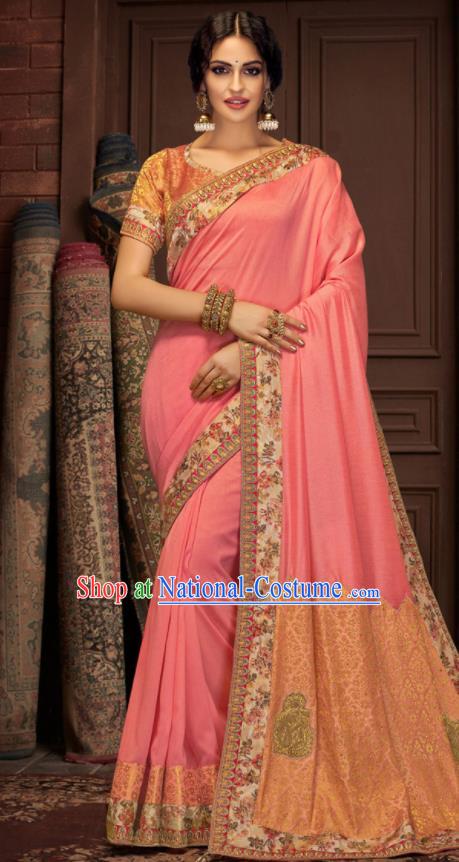 Asian Indian Court Pink Silk Embroidered Sari Dress India Traditional Bollywood Costumes for Women