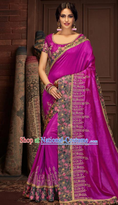 Asian Indian Court Purple Silk Embroidered Sari Dress India Traditional Bollywood Costumes for Women