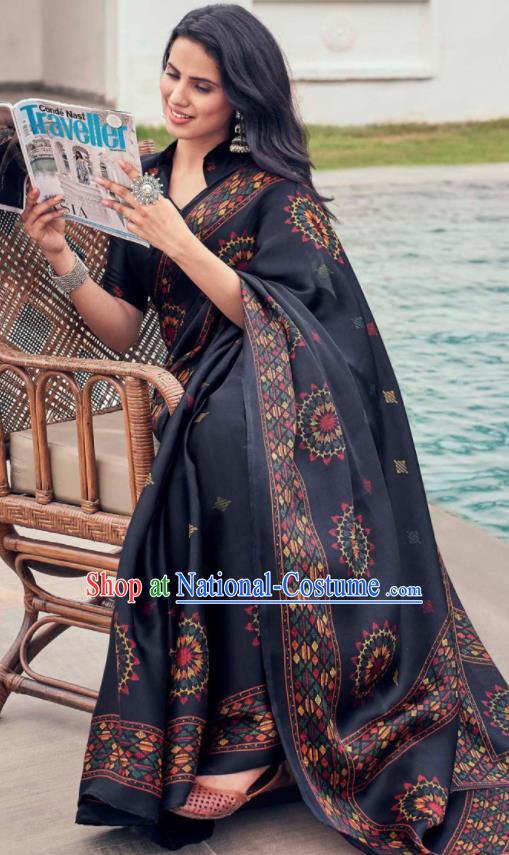 Asian Indian Court Black Tussar Silk Sari Dress India Traditional Bollywood Costumes for Women