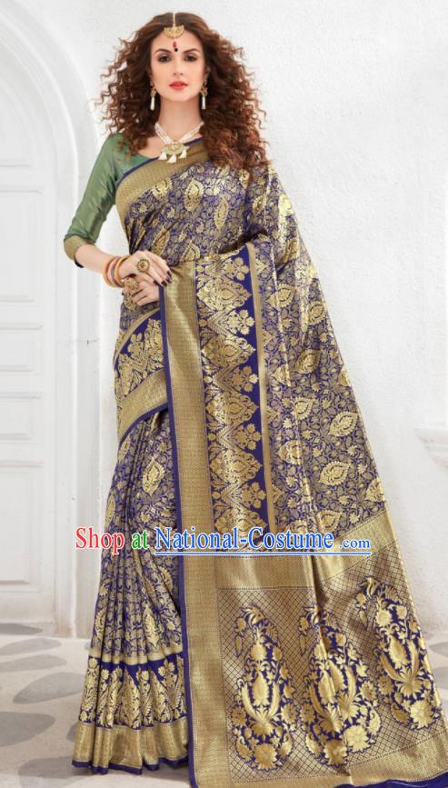 Asian Indian Court Royalblue Silk Sari Dress India Traditional Bollywood Costumes for Women