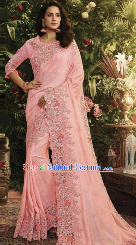 Asian Indian Court Princess Pink Embroidered Satin Sari Dress India Traditional Bollywood Costumes for Women