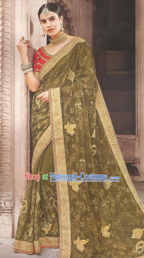 Asian Indian Court Olive Green Art Silk Embroidered Sari Dress India Traditional Bollywood Princess Costumes for Women