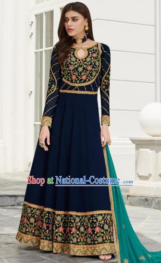 Asian Indian Bollywood Embroidered Navy Georgette Dress India Traditional Anarkali Suit Costumes for Women