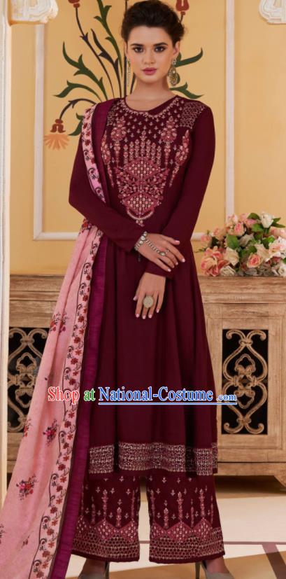 Asian Indian Embroidered Wine Red Muslin Blouse and Pants India Traditional Lehenga Choli Costumes Complete Set for Women