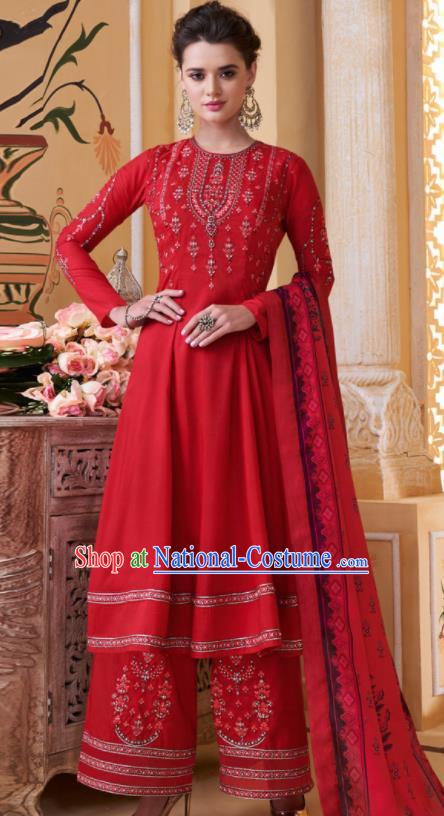 Asian Indian Embroidered Red Muslin Blouse and Pants India Traditional Lehenga Choli Costumes Complete Set for Women