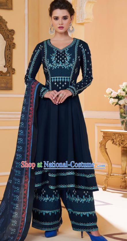 Asian Indian Embroidered Navy Muslin Blouse and Pants India Traditional Lehenga Choli Costumes Complete Set for Women