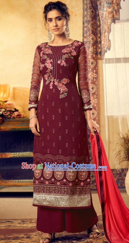 Asian Indian Punjabis Embroidered Wine Red Skirt and Blouse India Traditional Lehenga Choli Costumes Complete Set for Women