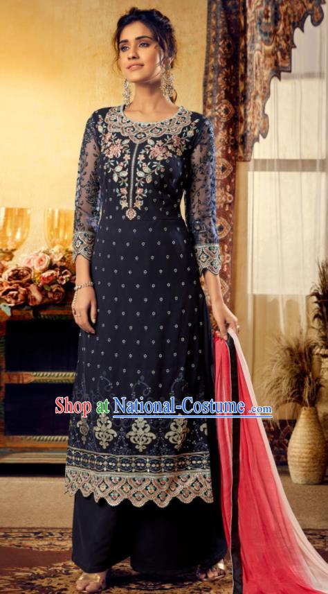 Asian Indian Punjabis Embroidered Navy Skirt and Blouse India Traditional Lehenga Choli Costumes Complete Set for Women