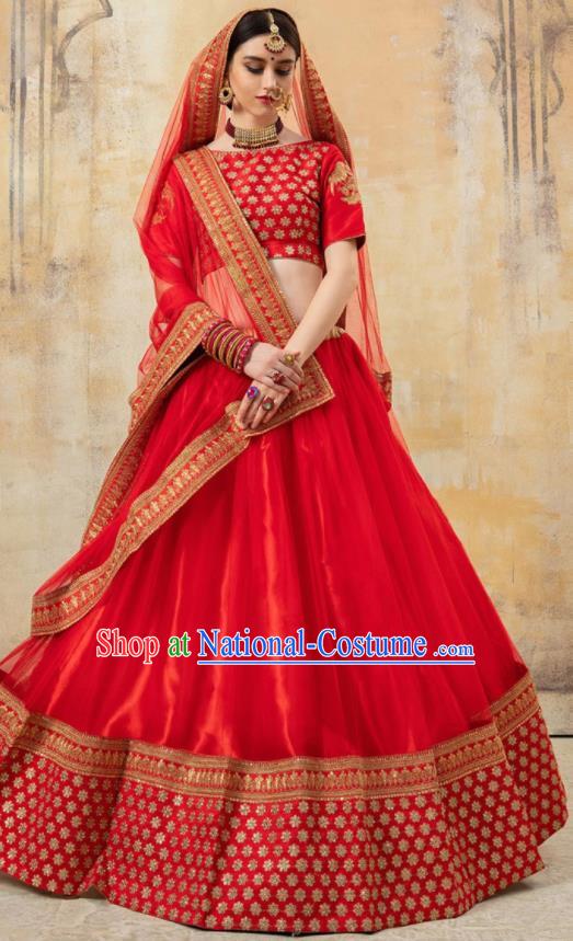 Asian Indian Bollywood Wedding Embroidered Red Dress India Traditional Bride Costumes for Women