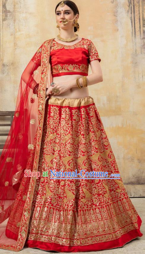 Asian Indian Bollywood Wedding Embroidered Red Silk Dress India Traditional Bride Costumes for Women