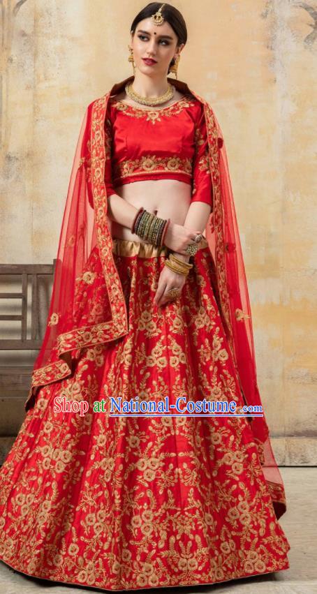 Asian Indian Bollywood Wedding Red Silk Dress India Traditional Bride Lehenga Costumes for Women