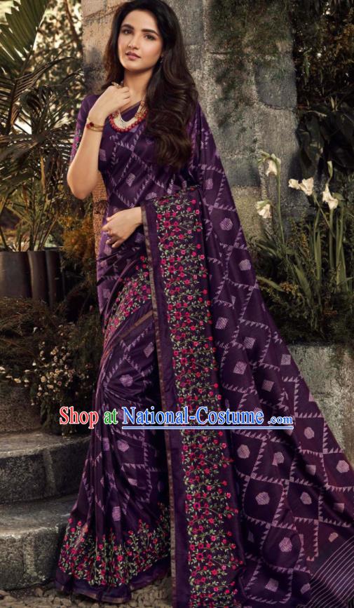 Asian India Traditional Sari Costumes Indian Bollywood Embroidered Purple Silk Dress for Women