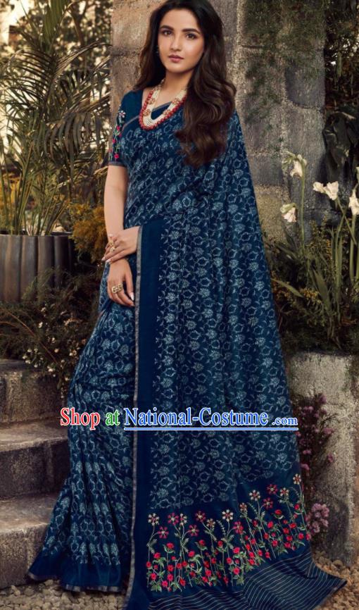 Asian India Traditional Sari Costumes Indian Bollywood Embroidered Navy Silk Dress for Women