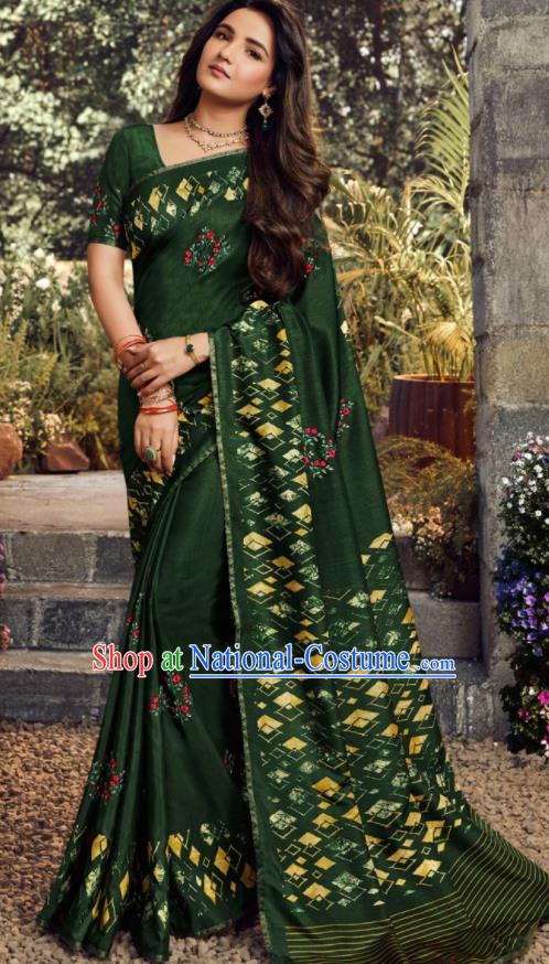 Asian India Traditional Sari Costumes Indian Bollywood Embroidered Deep Green Silk Dress for Women