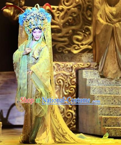 Chinese Zhaojun Chu Sai Ancient Han Dynasty Imperial Consort Classical Dance Yellow Dress Stage Performance Costume and Headpiece for Women