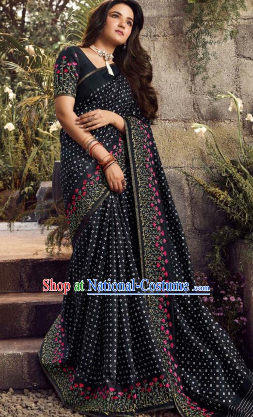 Asian India Traditional Sari Costumes Indian Bollywood Embroidered Black Silk Dress for Women