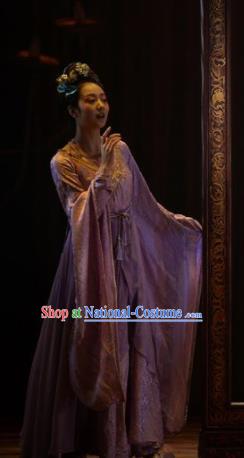 Chinese Zhaojun Chu Sai Ancient Han Dynasty Classical Dance Lilac Dress Stage Performance Costume and Headpiece for Women