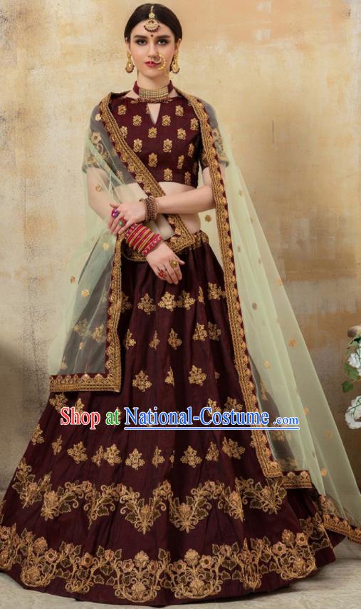 Asian Indian Bollywood Wedding Purplish Red Silk Dress India Traditional Bride Lehenga Costumes for Women