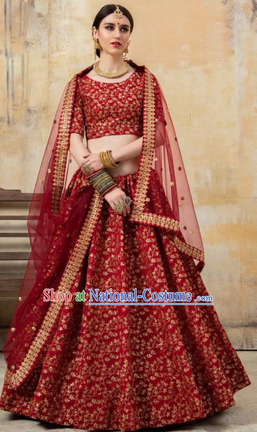 Asian Indian Bollywood Wedding Red Silk Dress India Traditional Bride Lehenga Costumes for Women