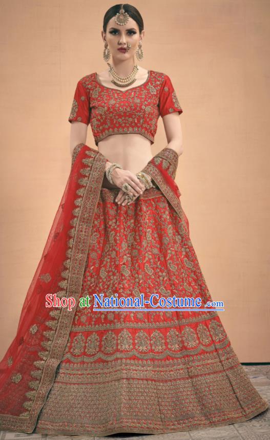 Asian Indian Bollywood Wedding Embroidered Red Silk Dress India Traditional Bride Lehenga Costumes for Women